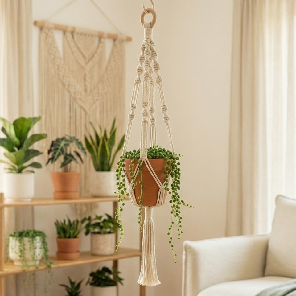 Makramé záves na kvetináč "Bohém" (Prírodná bavlna)