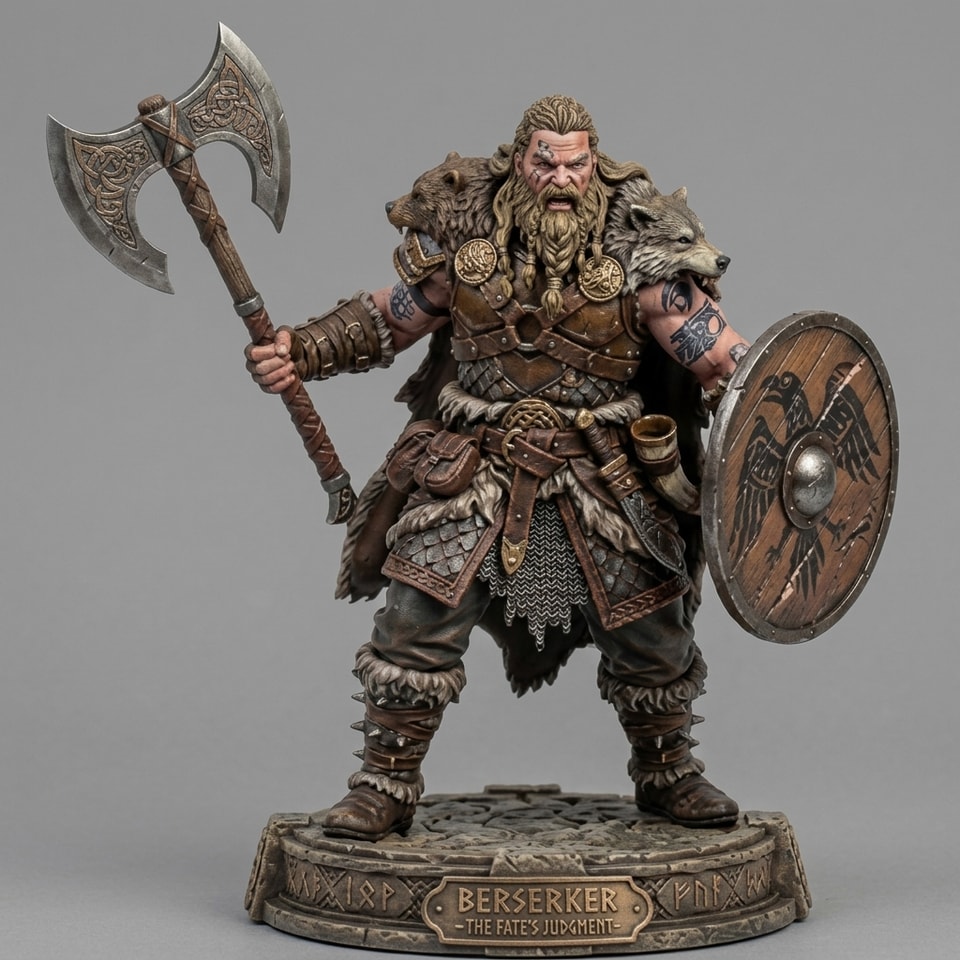 STL datoteka za 3D ispis: Vikinški berserker s dvoručnom sjekirom i štitom – kolekcionarska figura