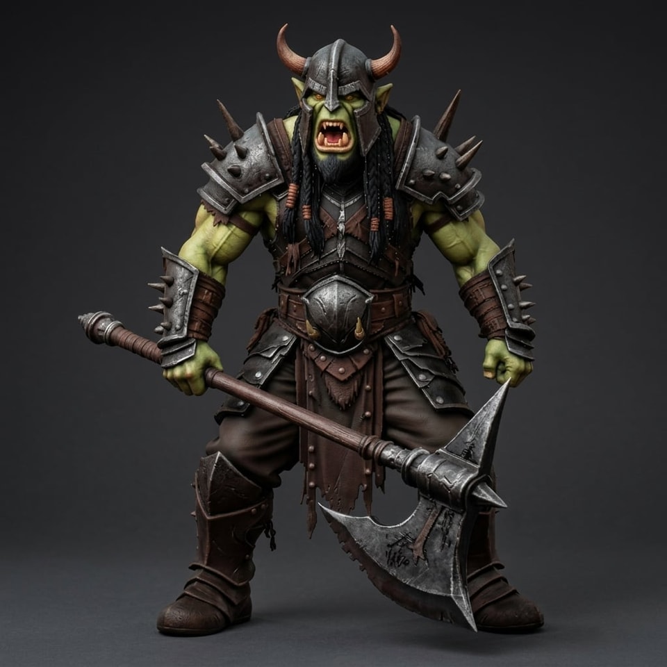 STL datoteka za 3D ispis: Ork Berserker s rogatom kacigom i sjekirom – fantastična figurica