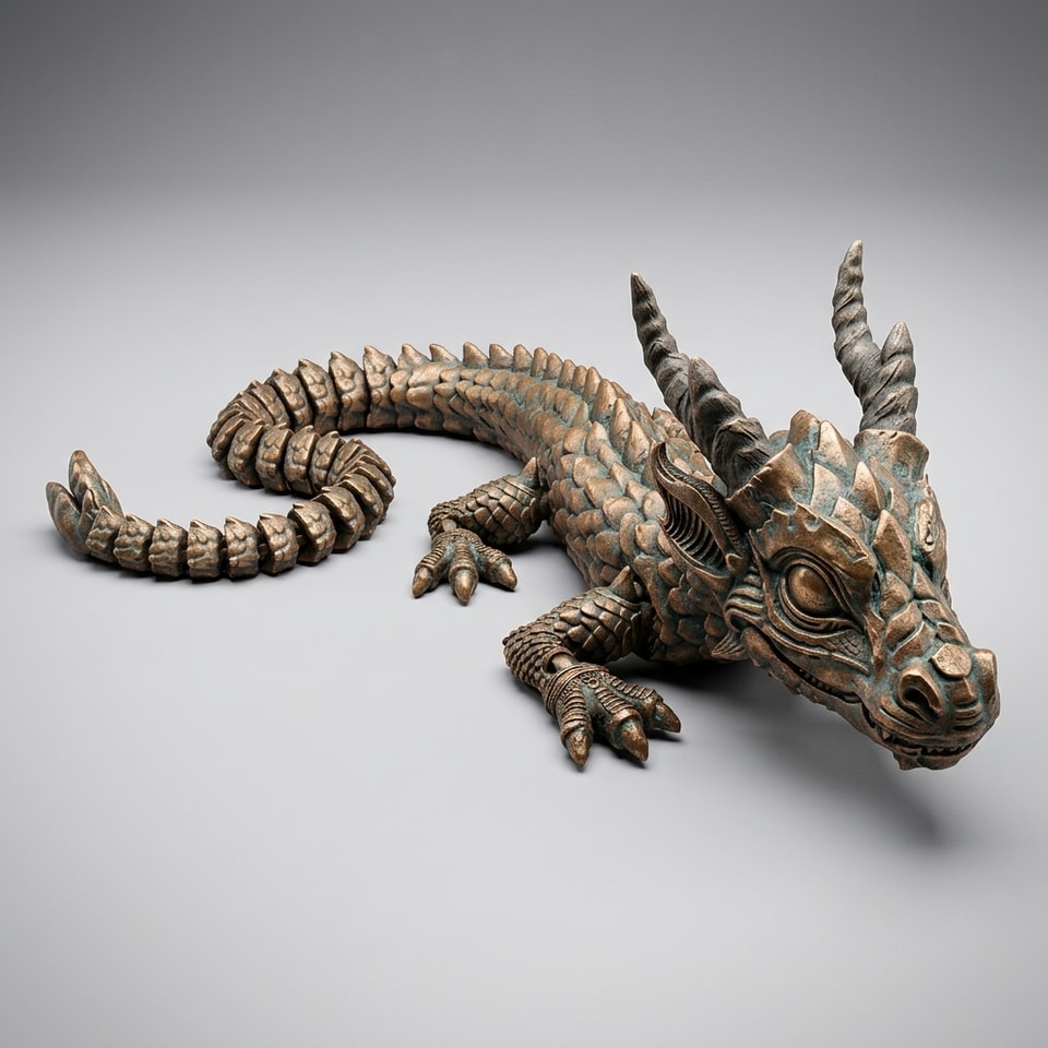 Bronzový Drak – STL Súbor pre 3D Tlač | Print-in-Place Flexi Model pre D&D a Fidget