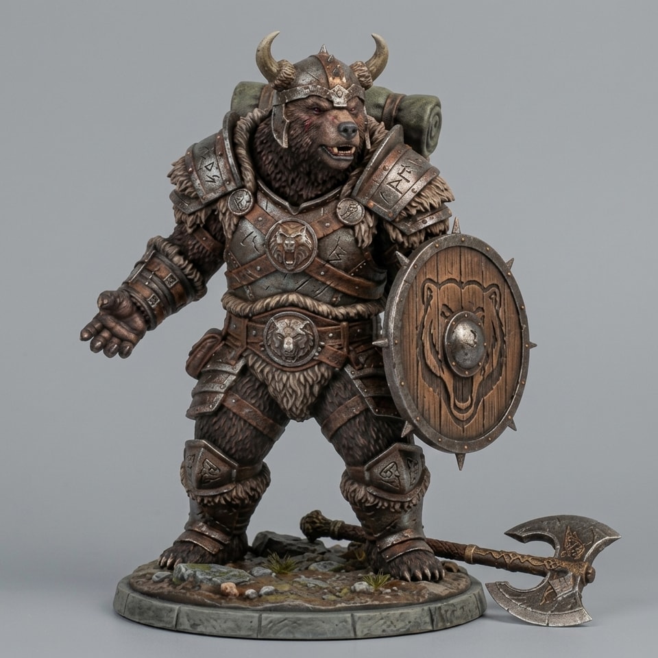 STL File for 3D Printing: Bear Warrior with Armor and Axe – Fantastic Collectible Figure