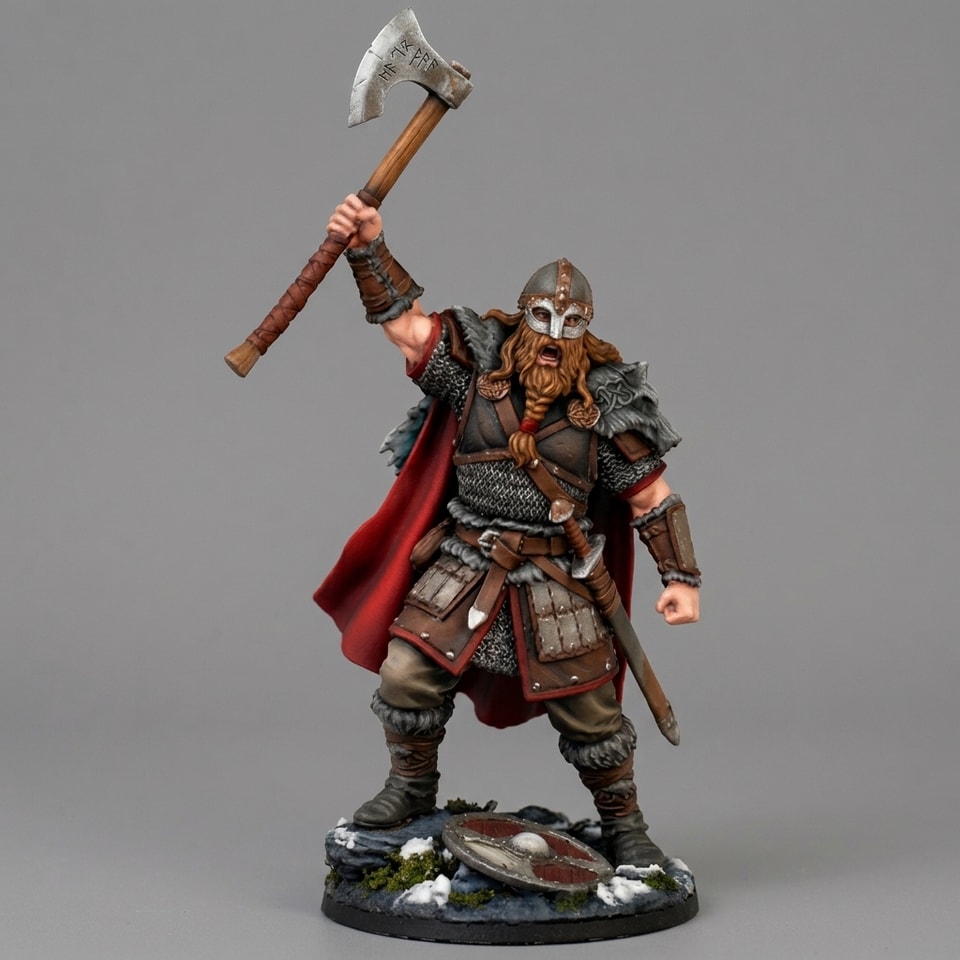 STL Súbor pre 3D Tlač: Vikingský Bojovník so Sekerou a Červeným Plášťom – Zberateľská Figúrka