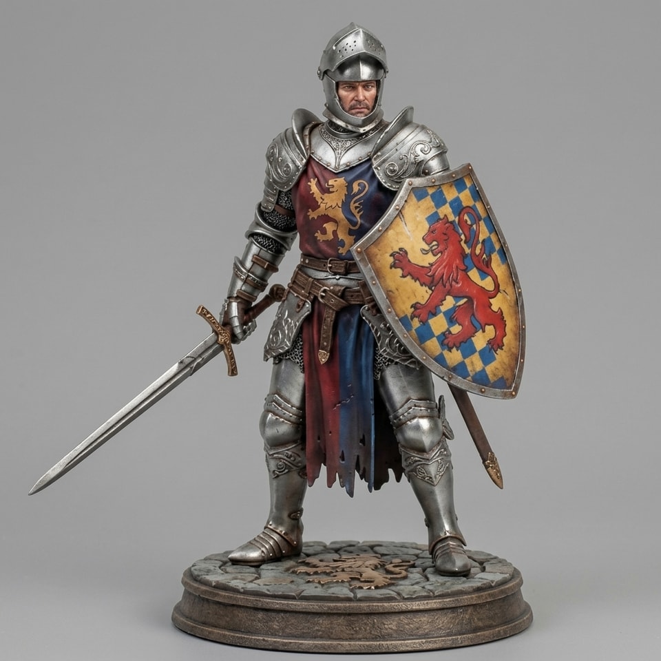 STL Súbor pre 3D Tlač: Medieval Knight s Mečom a Štítom – Stredoveký Rytier Zberateľská Figúrka