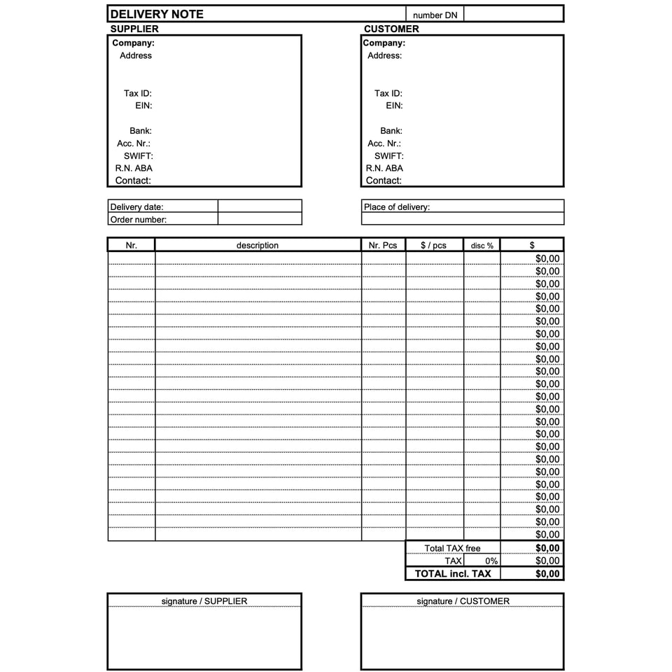 Delivery Note USA (EXCEL)