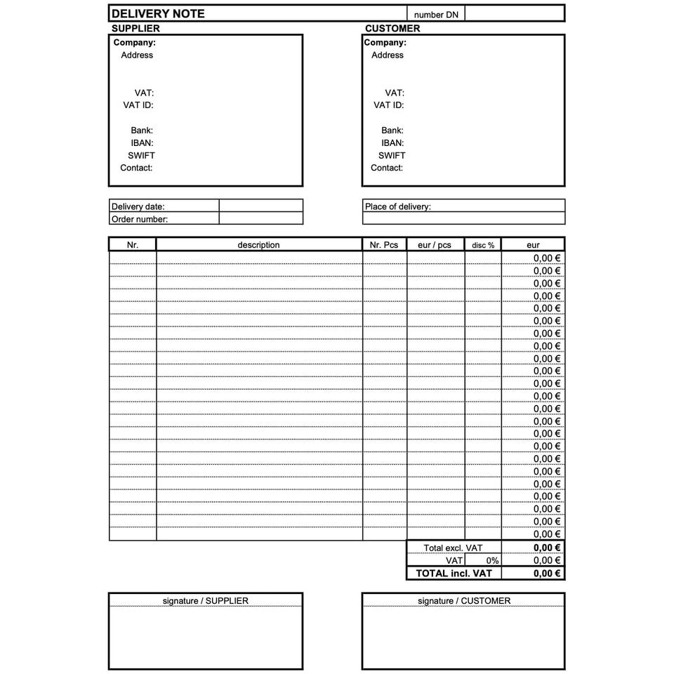Delivery Note EU (EXCEL)